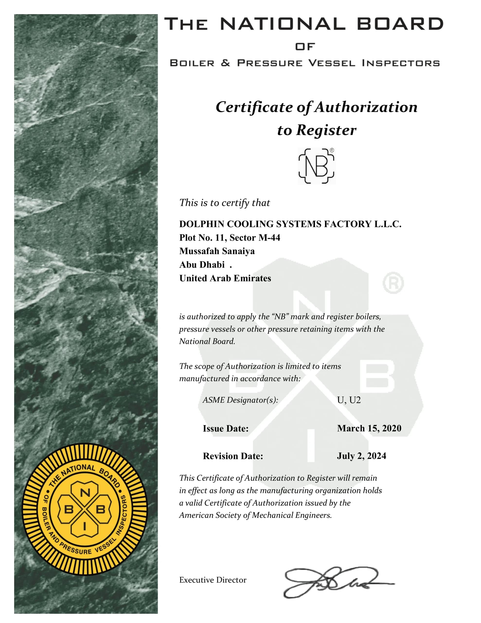 National Board Certificate of Authorization held by Dolphin Group